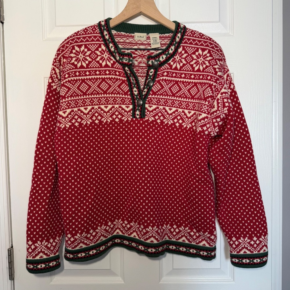 LL Bean Womens Fair Isle Cotton Sweater Red Green Nordic M holiday Christmas